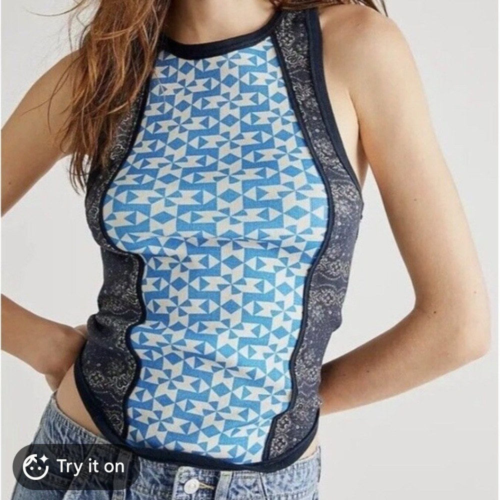 Free People We The Free Too Hot To Handle Tank Top Blue Geometric Paisley Medium